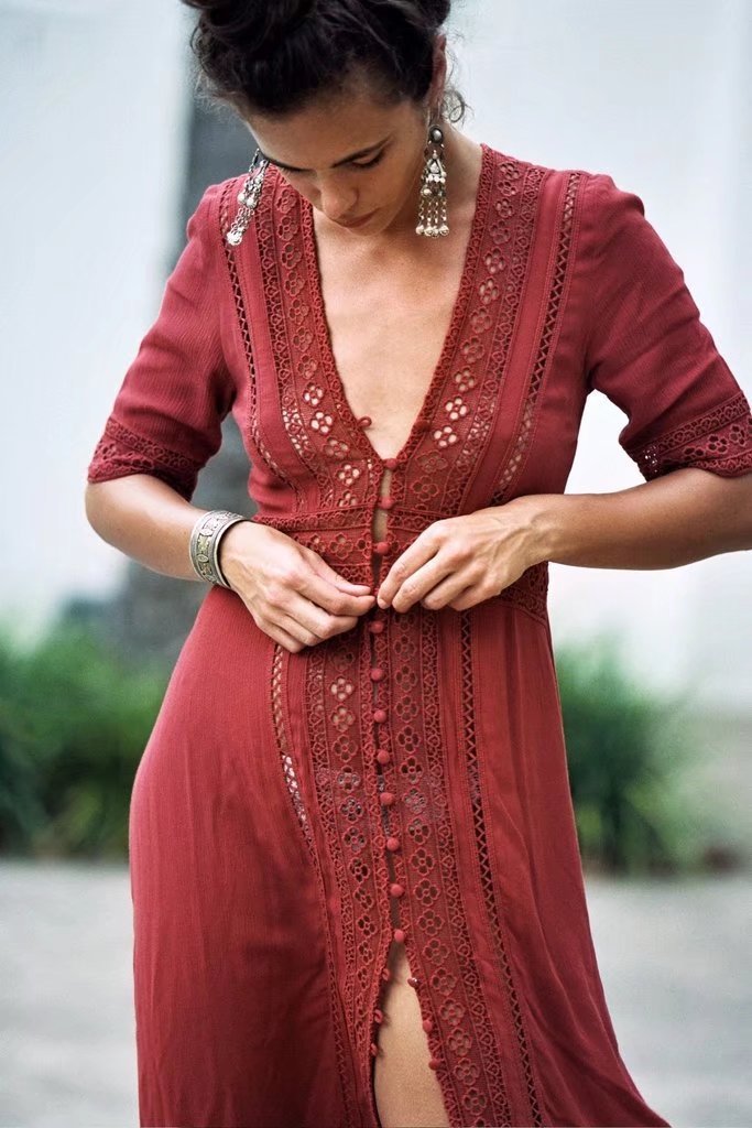European and American foreign trade FP beach resort openwork lace stitching dress