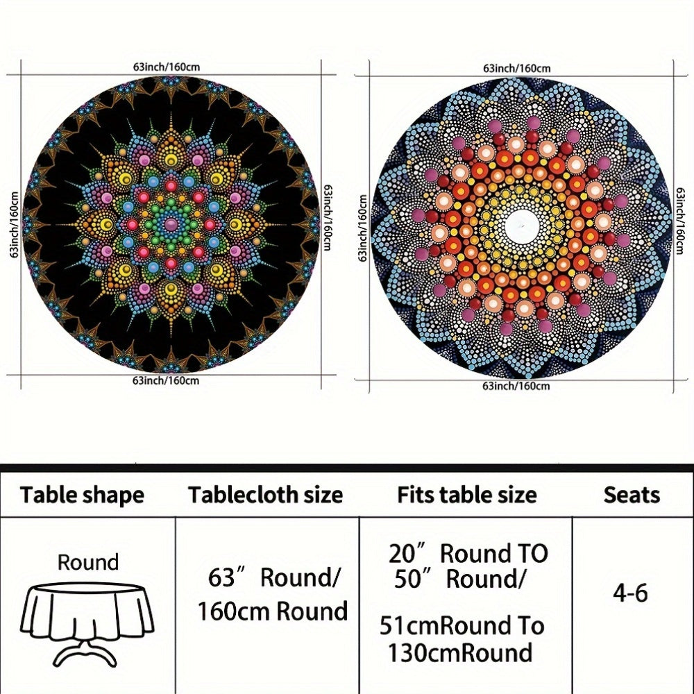 Vibrant Polka Dot Mandala Tablecloth - 63" Round Polyester Table Cover, Machine Woven with Waterproof Weave, Artistic Tapestry Wall Hanging for Indoor Dining, BBQ & Picnic - Psychedelic Colorful Design