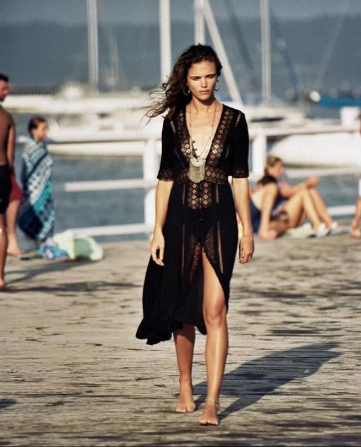 European and American foreign trade FP beach resort openwork lace stitching dress