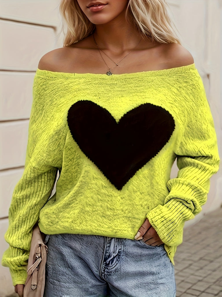 Elegant Heart Pattern Long Sleeve Sweater - Crew Neck, Stretchy Polyester Pullover for Women