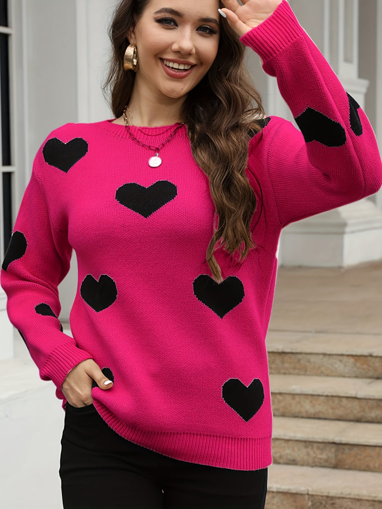 Heart Pattern Long Sleeve Crew Neck Sweater for Women, Fall & Winter Elegant Knitwear