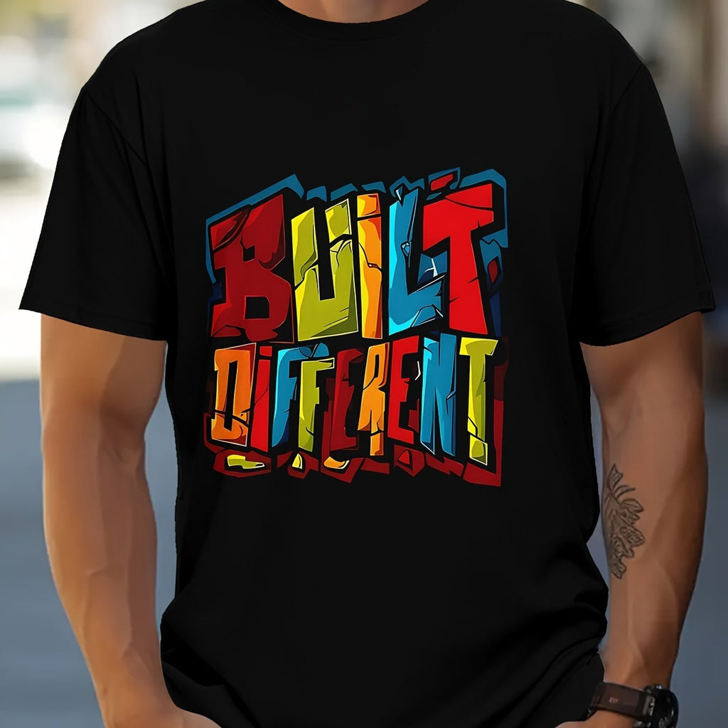 Men's Build DIFFERENT Graphic Printed T-shirt, Short Sleeved Round Neck T-shirt, Summer Outdoor Men's Clothing