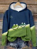 Plus Size Frog Print Hoodie, Casual Color Block Long Sleeve Hooded Sweatshirt, Women's Plus Size Clothing