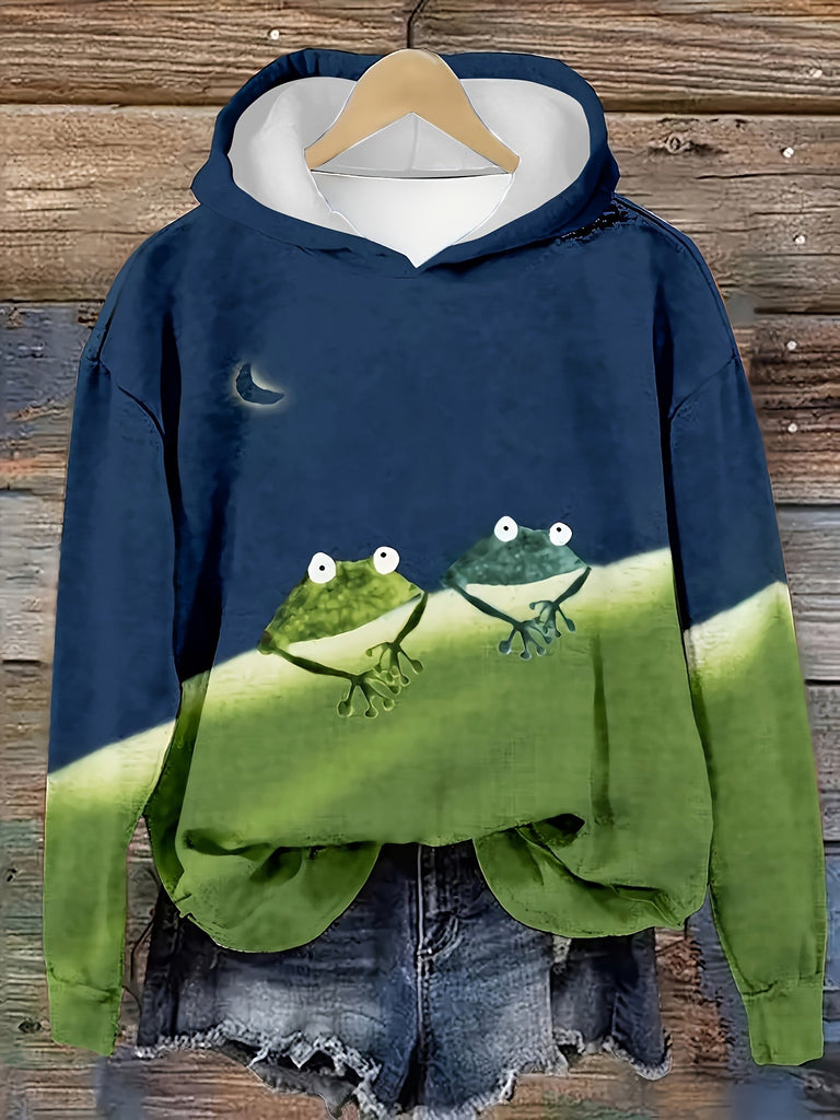 Plus Size Frog Print Hoodie, Casual Color Block Long Sleeve Hooded Sweatshirt, Women's Plus Size Clothing