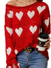 Women Off Shoulder Knitted Pullovers Sweater Loose Long Sleeve Hearts Printed Ripped Tops