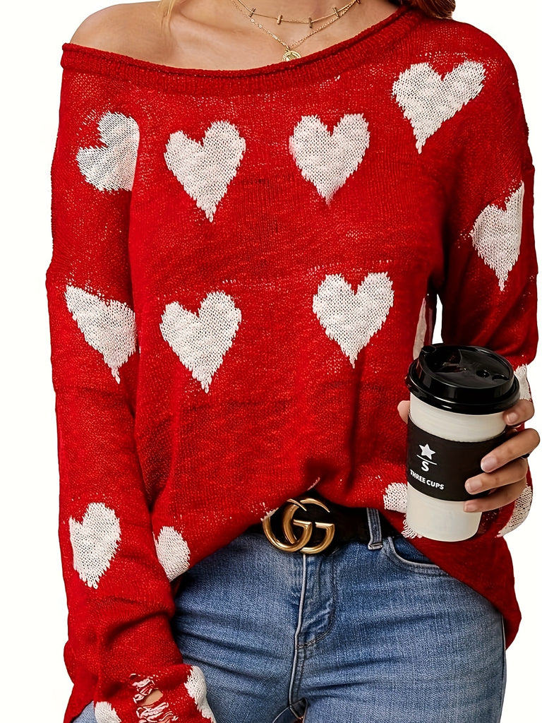 Women Off Shoulder Knitted Pullovers Sweater Loose Long Sleeve Hearts Printed Ripped Tops