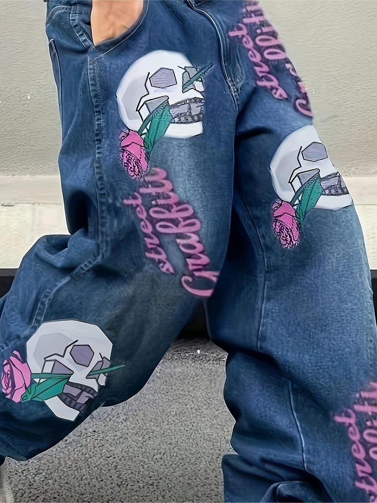 Fashion Skull & Rose Print, Men's Loose Fit Wide Leg Jeans, Men's Stylish Comfy Denim Pants, Street Style Fashion