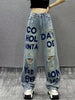 Ripped Knee Cut Loose Fit Letter Print Washed Jeans, Casual Style Zipper Button Closure Denim Pants, Women's Denim Jeans & Clothing