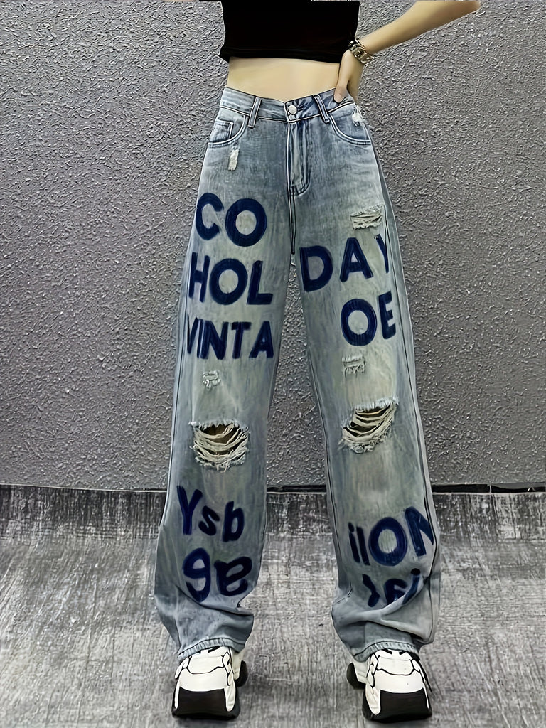 Ripped Knee Cut Loose Fit Letter Print Washed Jeans, Casual Style Zipper Button Closure Denim Pants, Women's Denim Jeans & Clothing