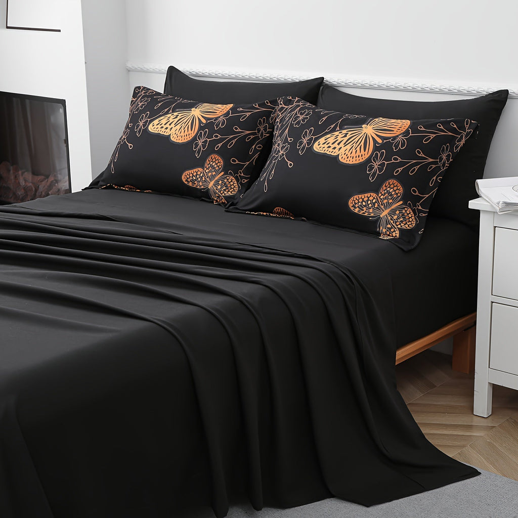 7Pcs Erosebridal Golden Butterfly Print Comforter Set - Stain Resistant, Ultra Soft Microfiber, Lightweight, Woven Bedding With 100% Polyester Fiber Fill - Queen/King Size Bed In A Bag For All Seasons
