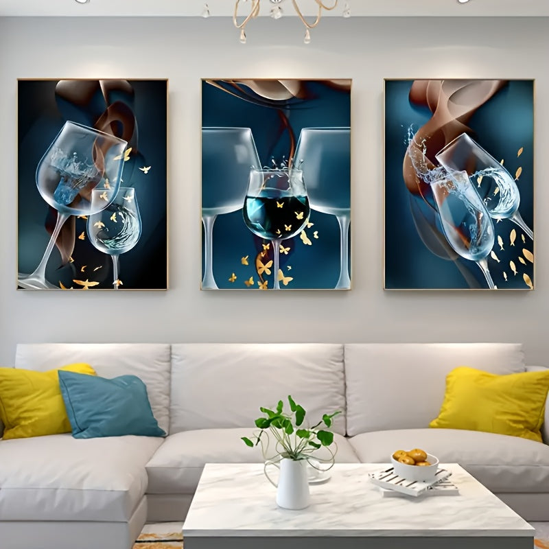 3-Piece Framed Wine Glass Canvas Art Prints - Modern Abstract Wall Decor Set, High-Definition Prints For Living Room, Bedroom, Bathroom, Office & More, Easy To Hang