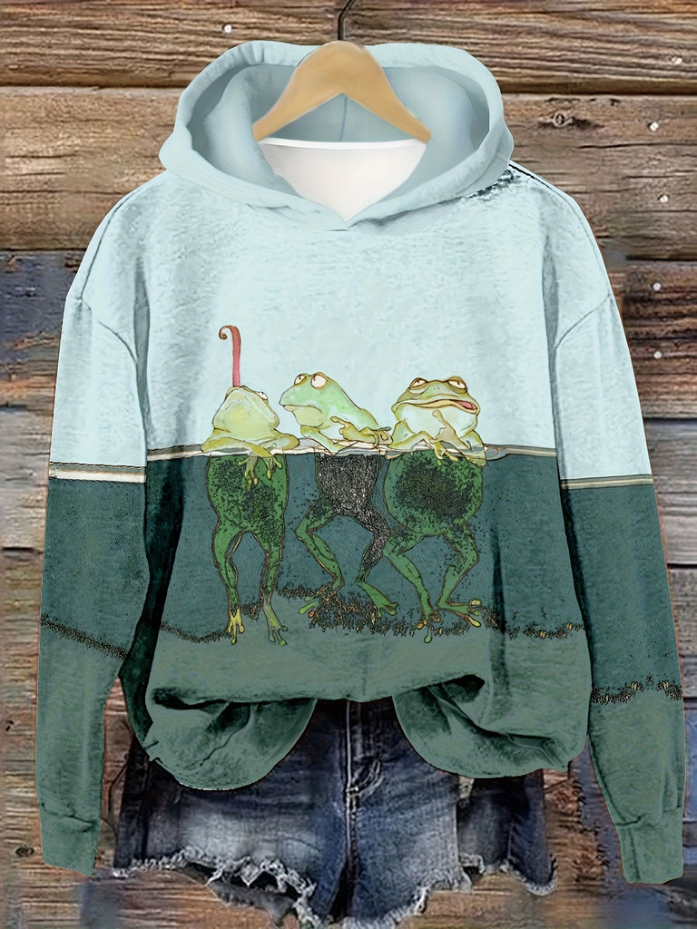 Fun And Cute Frog Print Hoodie, Casual Long Sleeve Hooded Sweatshirt, Women's Clothing