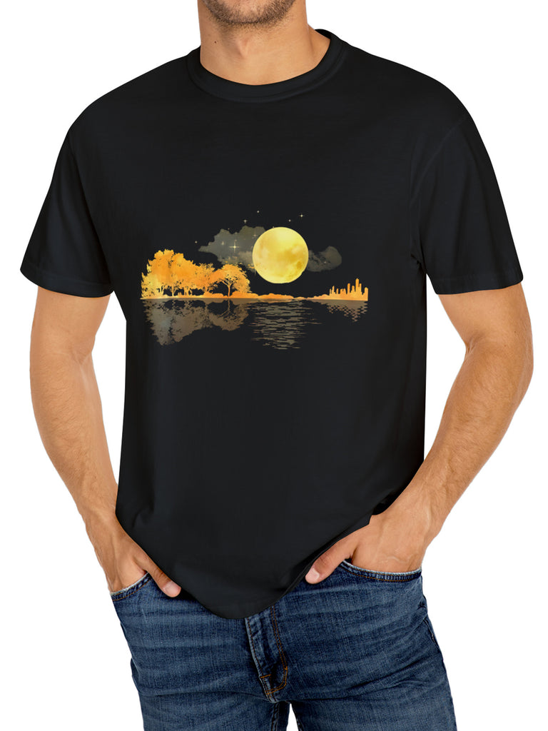 Moon Patterned Cotton T-shirt, Men's Casual Street Style Elastic Round Neck T-shirt For Summer
