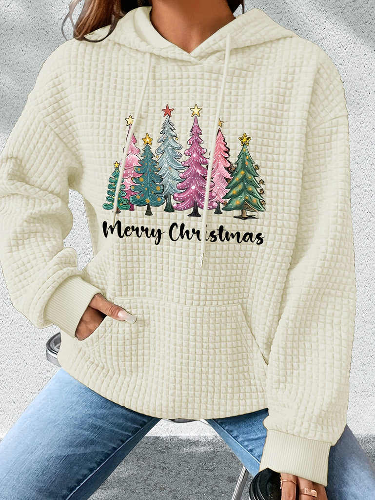 Christmas Tree Print Long Sleeve Waffle Knit Hoodie - Casual Polyester Blend Hooded Sweatshirt with Spandex for Fall/Winter - Festive Holiday Pattern Hoodie for Women