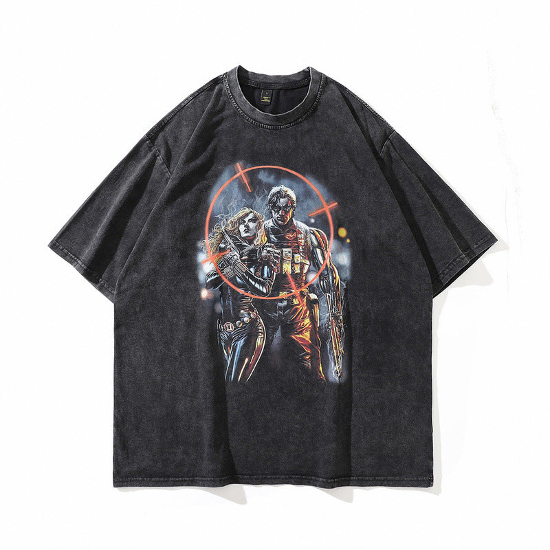 TKPA American Style Hip Hop Retro Washed And Worn Angel Print Short Sleeve