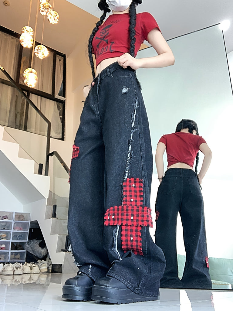 Plaid Print Cross Patchwork Streetwear Chic Loose Fit Wide Leg Jeans, Women's Denim Jeans & Clothing