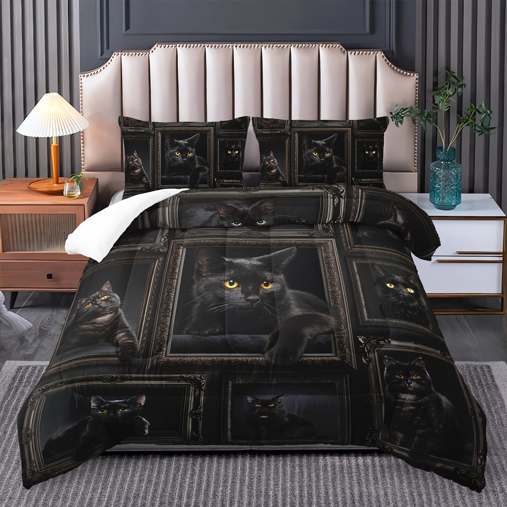 3pcs Black Cat Comforter Set, Kawaii Bedding Set, Cute Comforter Set For, Bedding Set, Black Cat Bedding Set, Black Cat Room Decor (1*Comforter + 2*Pillowcase, Without Core)