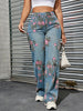 Women's Floral Print Straight-Leg Jeans - Casual High-Rise Denim with Slash Pockets, Machine Washable