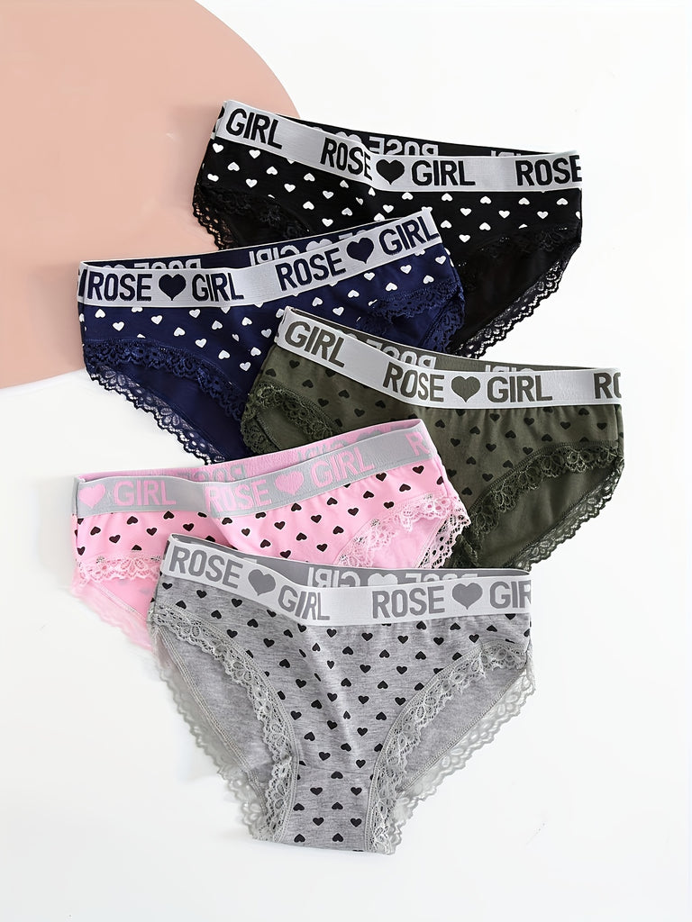 5pcs Letter & Heart Print Briefs, Comfy & Breathable Lace Trim Intimates Panties, Women's Lingerie & Underwear