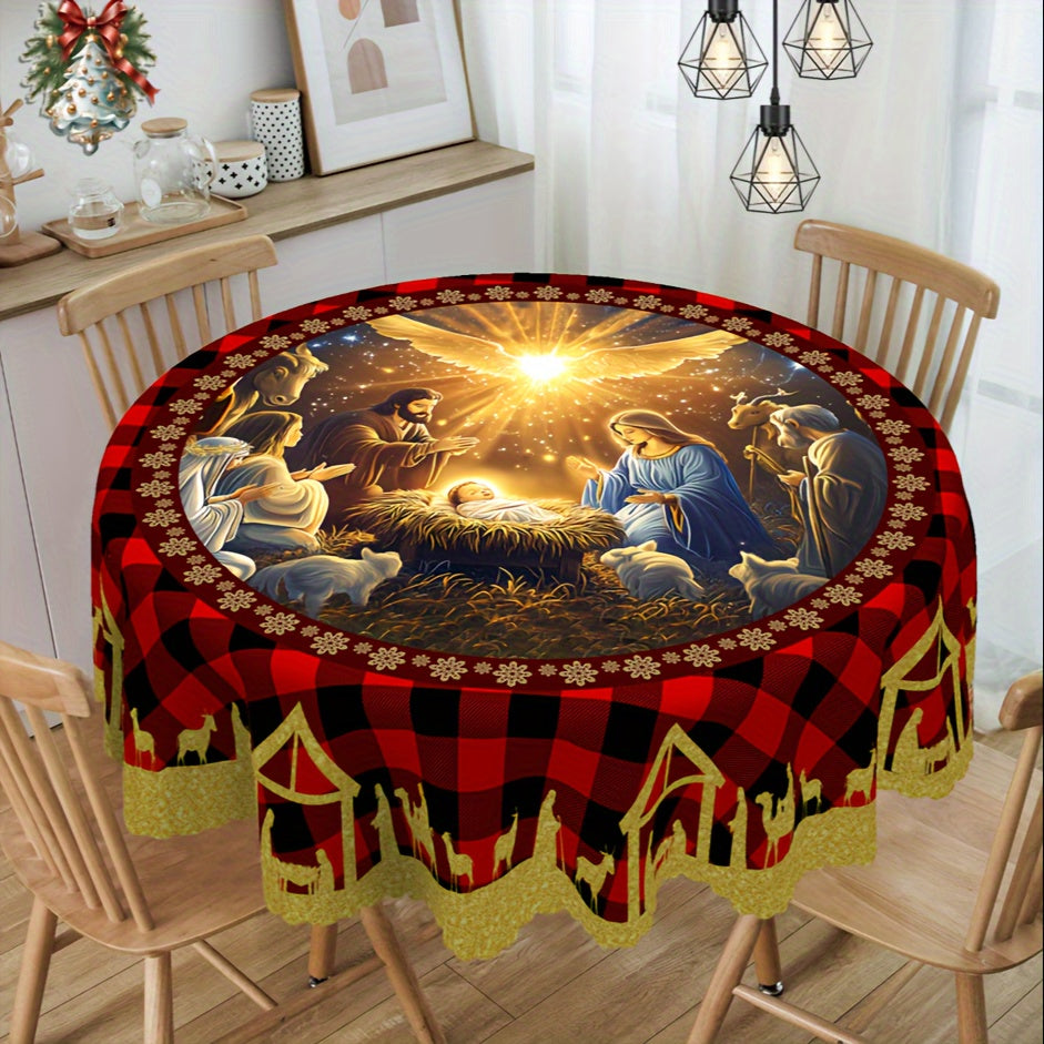 Merry Christmas Tablecloth - Nativity Scene Design, Waterproof & Wrinkle-Free Polyester, Embossed Edges, Round or Rectangle Shape - Perfect for Holiday Dining & Decor