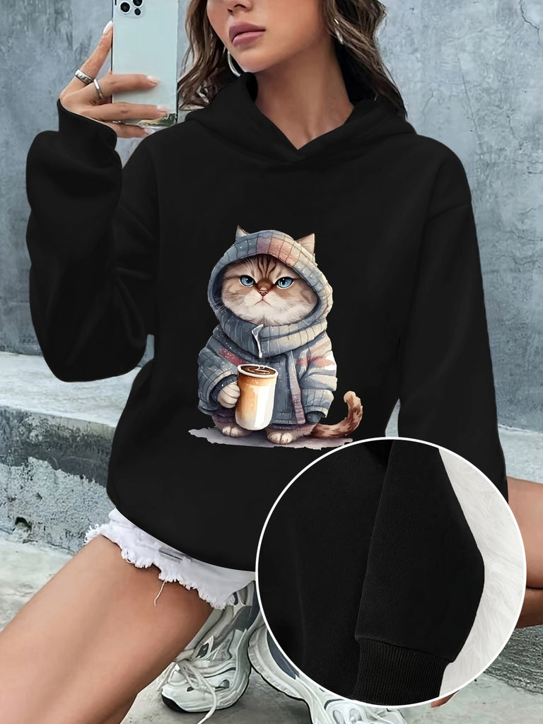 Cat Print Hoodie, Casual Hooded Sweatshirt For Winter & Fall, Women's Clothing