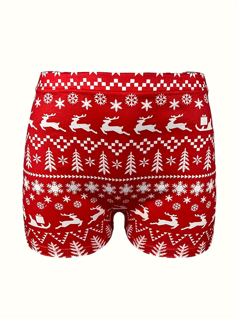 Christmas Print Skinny Shorts, Casual Elastic Waist Shorts, Women's Clothing