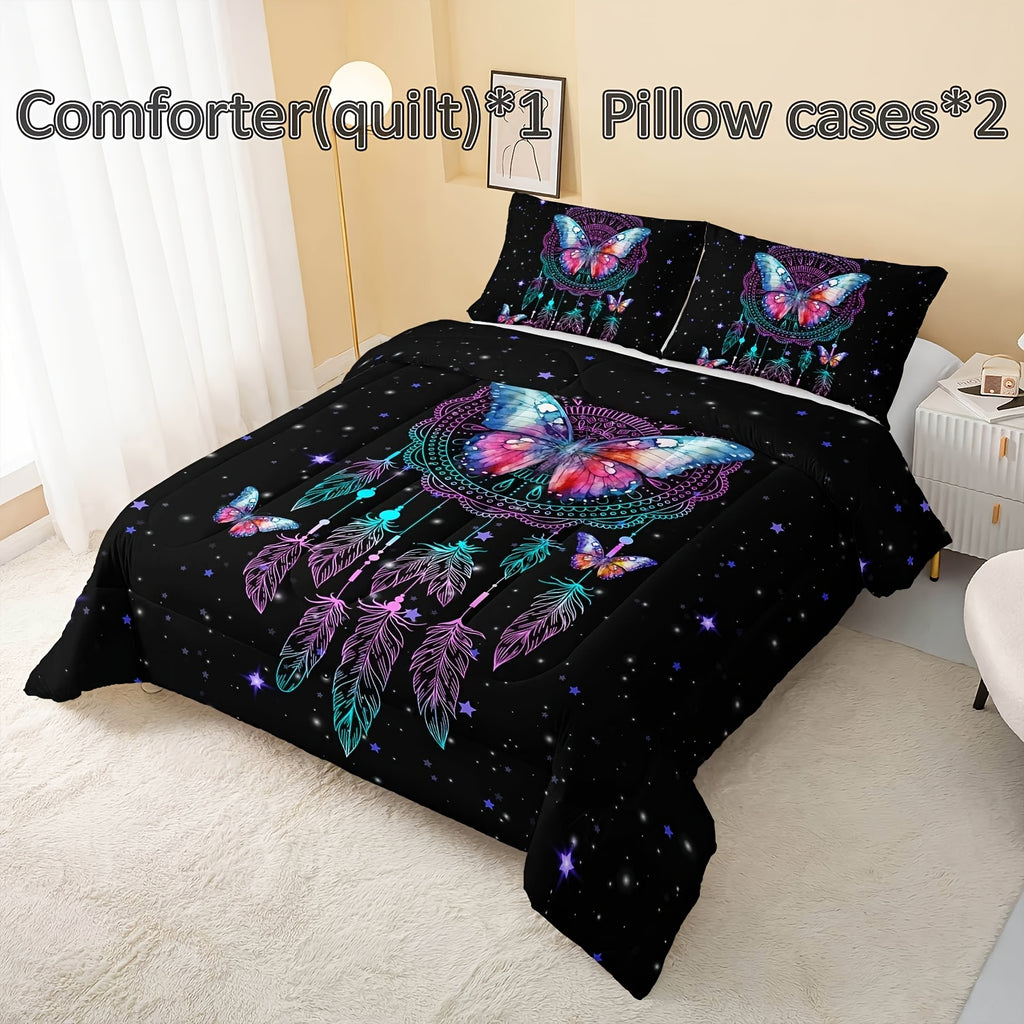 3pcs Modern Fashion Polyester Comforter Set (1*Comforter + 2*Pillowcase, Without Core), Butterfly Feather Dream Catcher Print Bedding Set, Soft Comfortable And Skin-friendly Comforter For Bedroom, Guest Room.