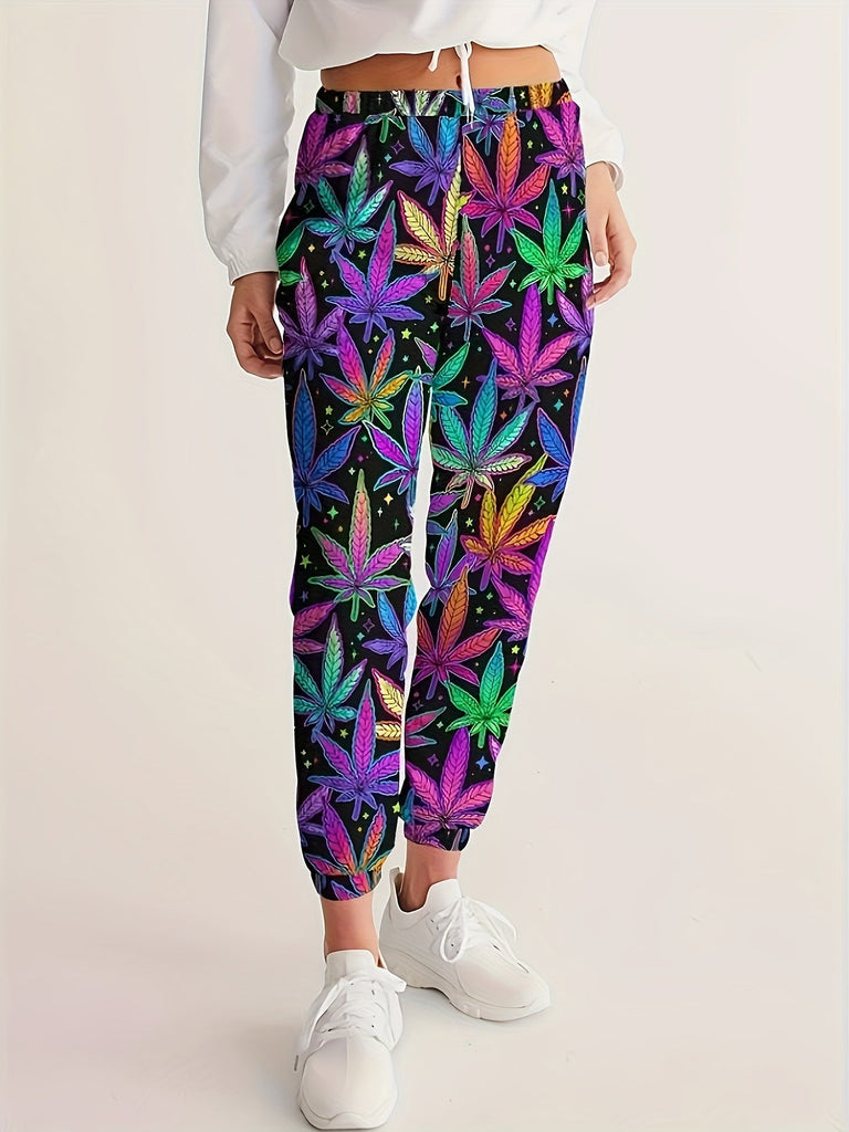 Leaf Print Jogger Pants, Casual Elastic Waist Pants For Spring & Summer - Women's Clothing - Soft & Breathable Fabric - Perfect for Loungewear & Outdoor Activities - Ideal Gift for Fashionable Women
