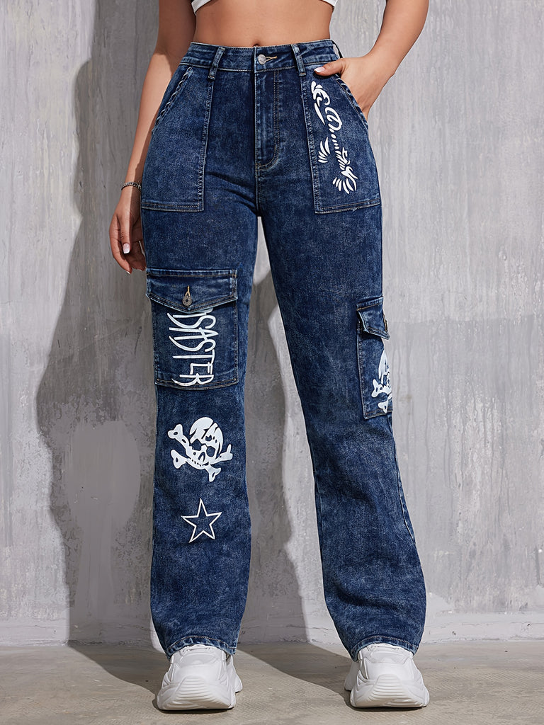 Carnaval Y2k Skull & Star & Letter Pattern Cargo Jeans - High-waisted, High Stretch, Loose Wide Leg Denim Pants - For Women - Perfect for Streetwear & Casual Occasions - Ideal Gift for Fashion-Forward Teens & Young Adults