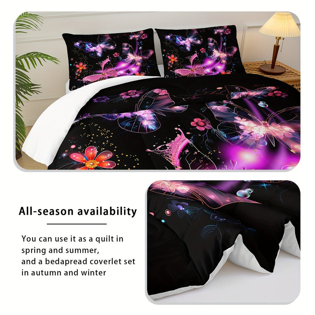 Butterfly Comforter Set Black And Gold Bedding Floral Comforter 3 Piece Set (1 Bed Comforter + 2 Pillow Cases), Comforter For All Seasons, Soft, Comfortable And Breathable Printed Bedding For Home Dormitory Decoration