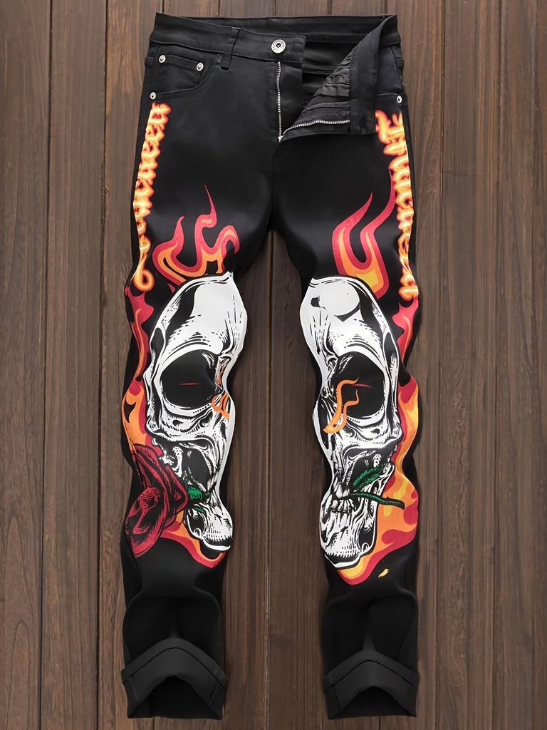 Men'S Flame Print Skinny Jeans, 55% Cotton Denim with Slight Stretch, All-Season Regular Fit, Washed Striped Pattern, Woven Polyester-Rayon-Spandex Blend