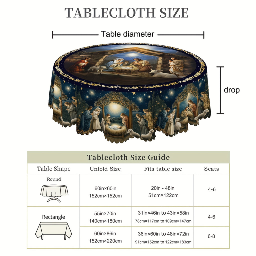 Festive Christmas Tablecloth: The Birth of Jesus Design, Polyester, Waterproof, Wrinkle Resistant, Machine Washable, Scalloped Edge, Suitable for Xmas Party, Picnic, Cafe, Home