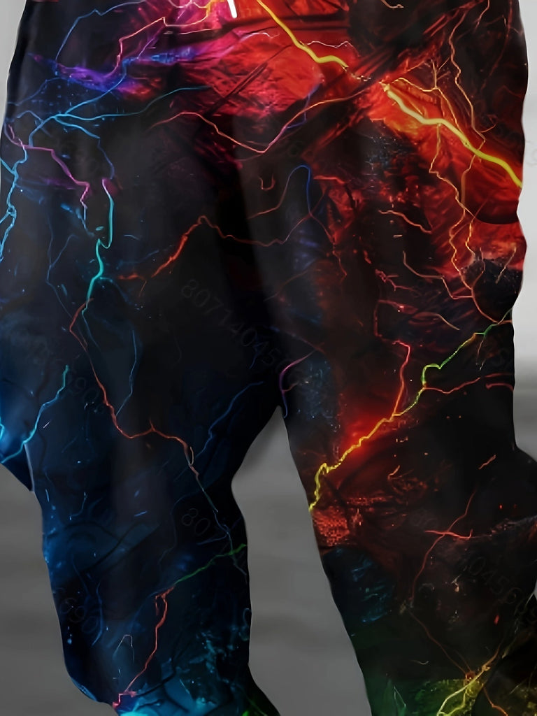Men's Casual Joggers with Lightning Print - Comfy Polyester, Drawstring Waist, Pockets - For Autumn & Spring Wear - Suitable for Men - Perfect for Casual Outings & Loungewear