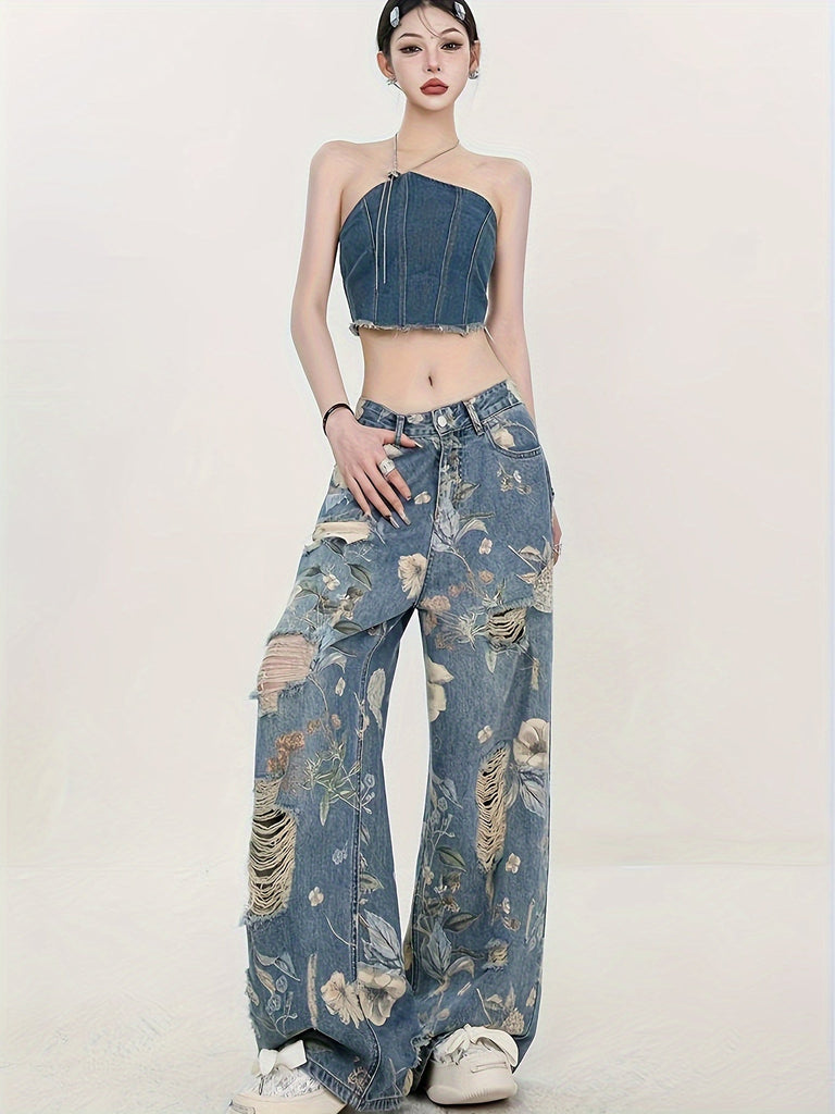Vintage-Inspired High-Waist Wide-Leg Jeans for Women - Classic Retro Print, Cotton Blend, Machine Washable, High-end Fashion Brand