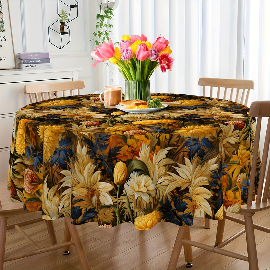 1pc Tablecloth, Autumn Harvest Tablecloth, Round Thanksgiving Flower Plants Harvest Theme Waterproof Table Cover, Stain-Resistant Table Cloth, For Family Gatherings And Holiday, Kitchen Accessories