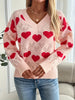 Heart Pattern V Neck Sweater, Elegant Pointelle Knit Long Sleeve Sweater For Fall & Winter, Women's Clothing