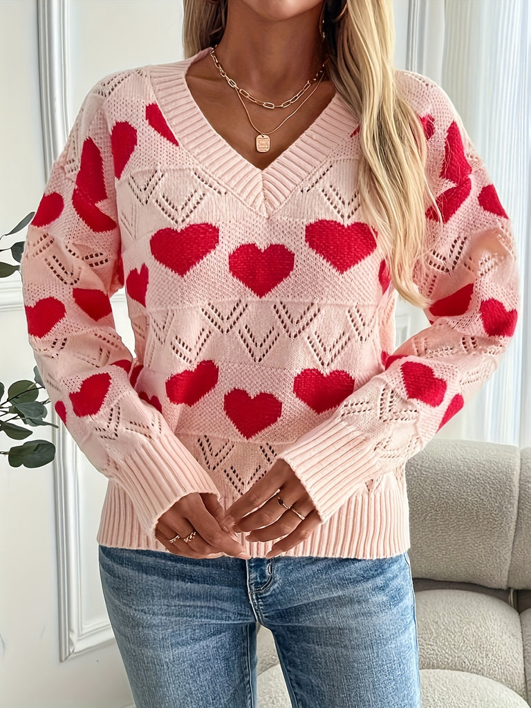 Heart Pattern V Neck Sweater, Elegant Pointelle Knit Long Sleeve Sweater For Fall & Winter, Women's Clothing