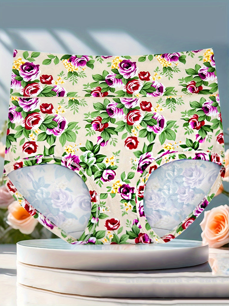 4pcs Seamless High Waist Tummy Control Briefs, Sexy Comfy Breathable Floral Print Stretchy Intimates Panties for Women