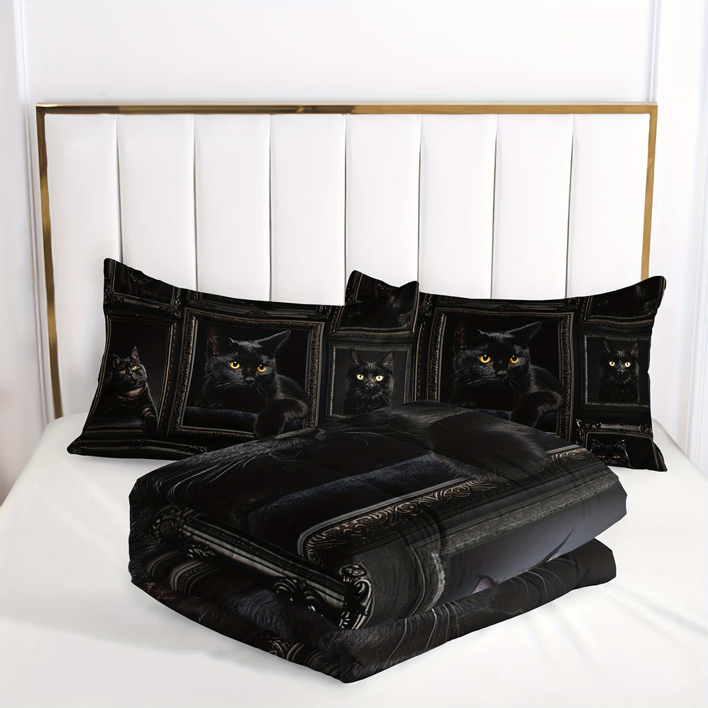 3pcs Black Cat Comforter Set, Kawaii Bedding Set, Cute Comforter Set For, Bedding Set, Black Cat Bedding Set, Black Cat Room Decor (1*Comforter + 2*Pillowcase, Without Core)