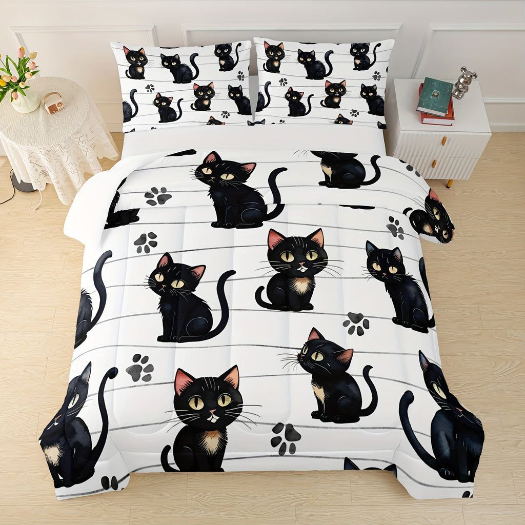 Kawaii Cute Cat Print Duvet, All Season Bedding Set For Bedroom Bed Decor, Animal Cute Comforter Set - 1 Comforter With 2 Pillowcases