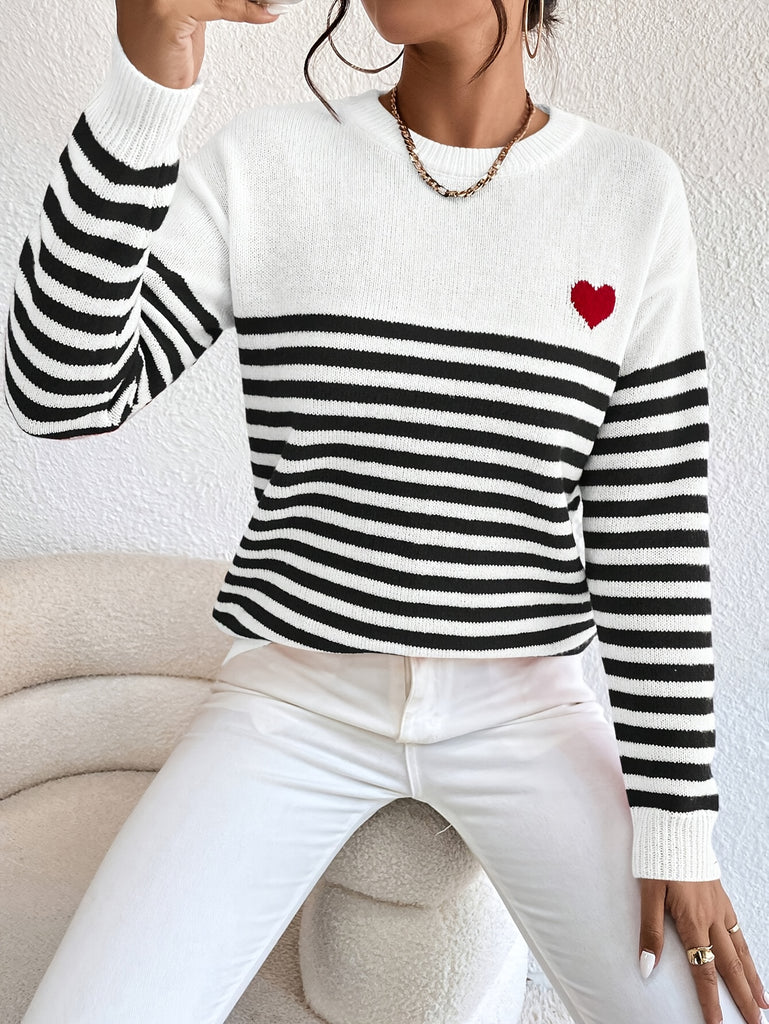 Heart Pattern Striped Crew Neck Sweater, Elegant Long Sleeve Sweater For Fall & Winter, Women's Clothing