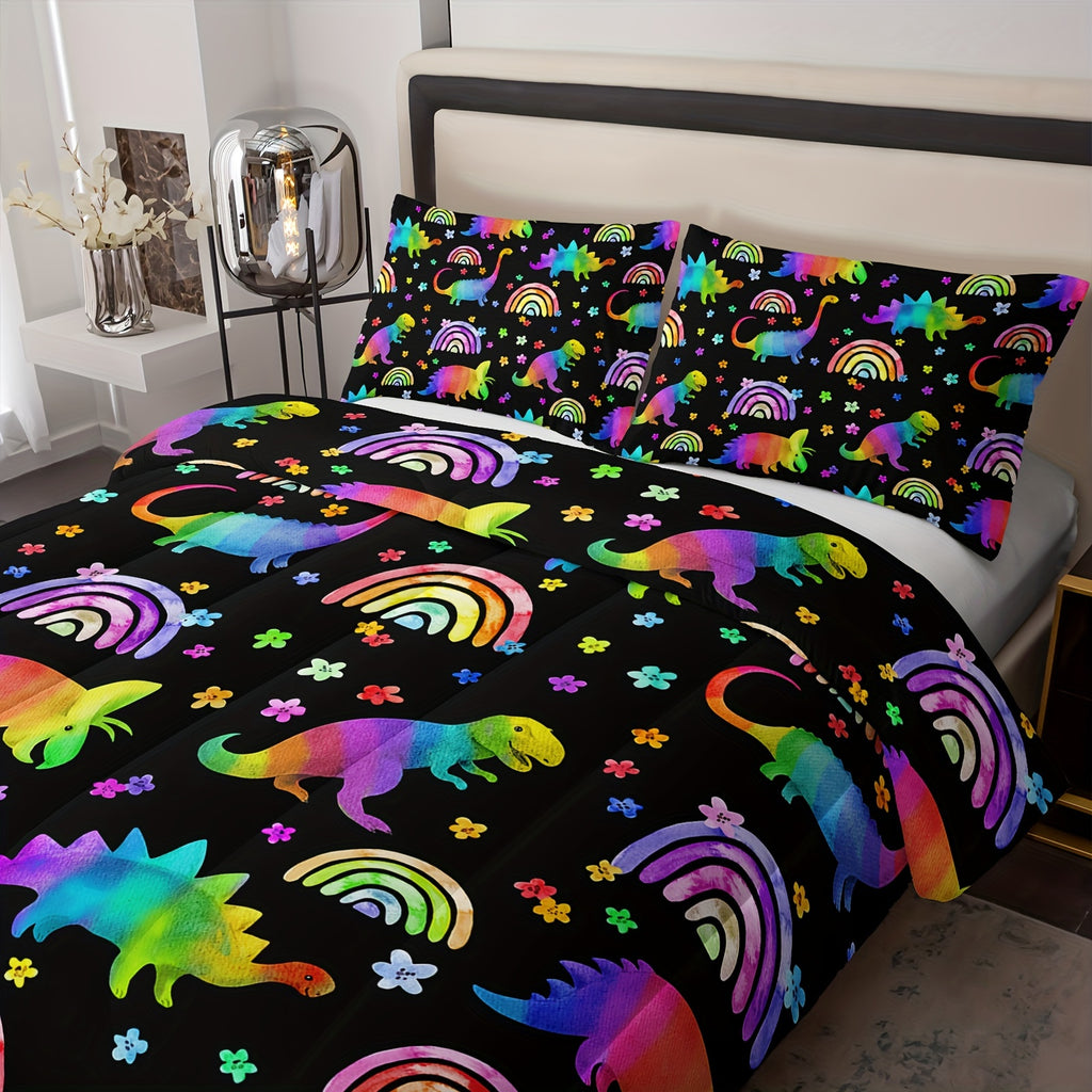 Rainbow Dinosaur Comforter Set Colorful Dino Bedding Set, Cartoon Dinosaur Comforter With 1 Comforter And 2 Pillowcases Ultra-Soft Lightweight