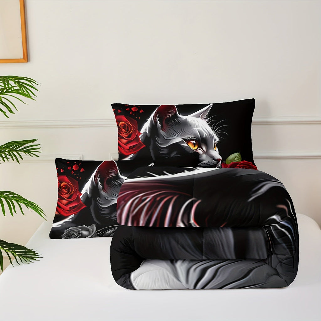 Cartoon Cat Comforter Set Rose Bedding Red And Black Comforter 3 Piece Set (1 Bed Comforter + 2 Pillowcases), Comforter For All Seasons, Soft, Comfortable And Breathable Printed Bedding For Home Dormitory Decoration