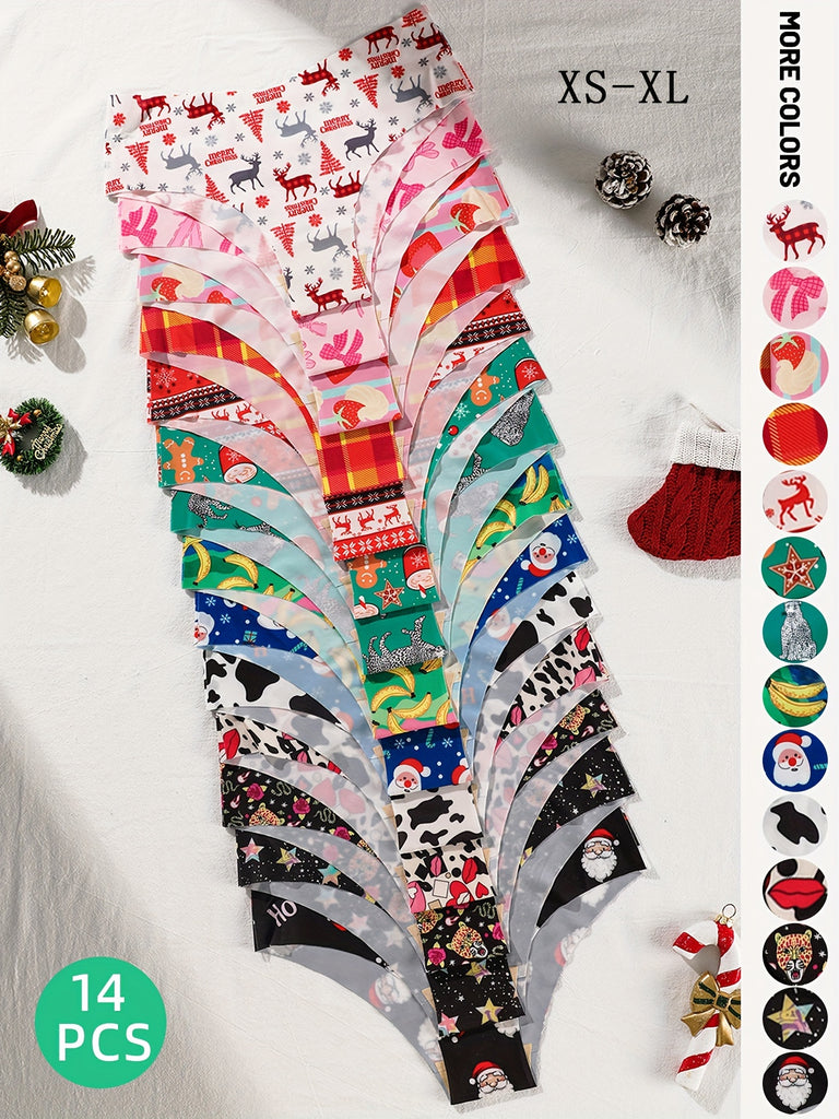 14pcs new Christmas-themed fashionable Women's underwear with full-print Santa Claus, Santa hat, elk, Christmas tree, gingerbread for Man, snowflake plaid, and various patterns. Colorful triangle underwear that is slim, simple, comfortable, and traceless.