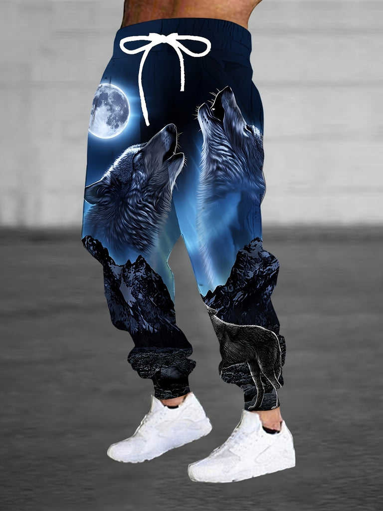 Men's Roaring Wolves & Moon Print Jogger Pants With Drawstring, Casual Sports Trousers As Gift