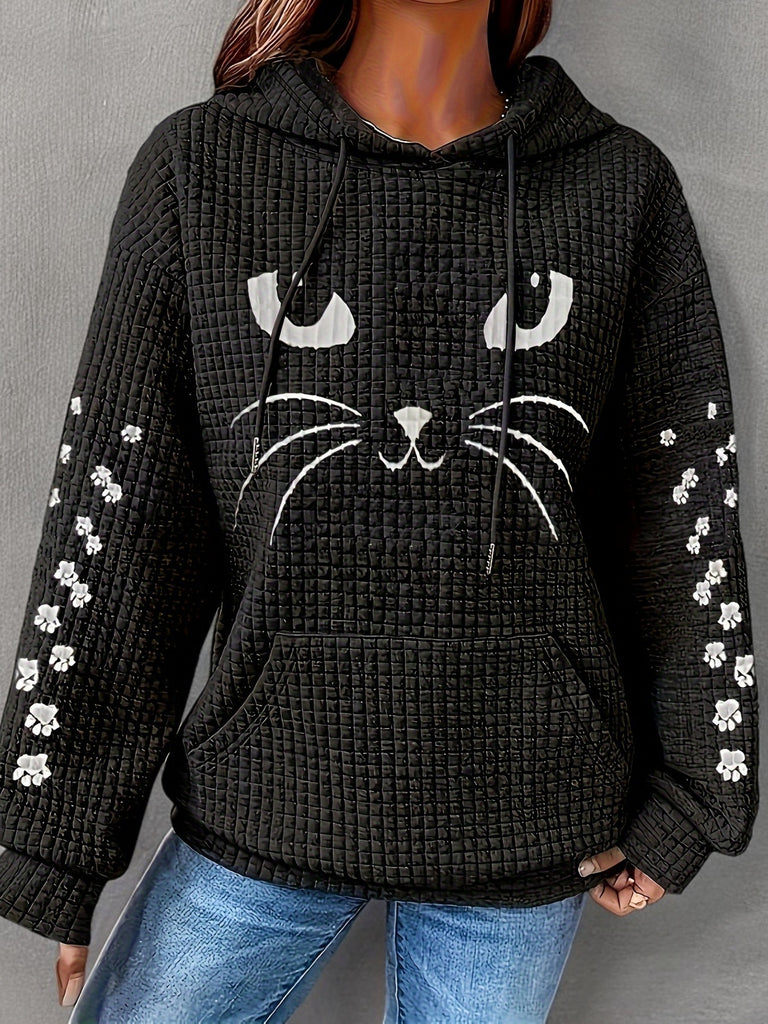 Plus Size Cat Face Print Drawstring Waffle Hoodie, Casual Long Sleeve Sweatshirt For Fall & Winter, Women's Plus Size Clothing