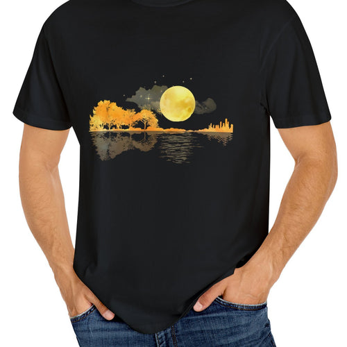 Moon Patterned Cotton T-shirt, Men's Casual Street Style Elastic Round Neck T-shirt For Summer