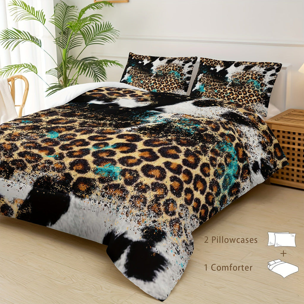 3pcs Highland Rustic Cow Fur Print Comforter Set (1 Comforter + 2 Pillowcase Without Pillow Insert) For All Seasons, Microfiber Western Farmhouse Style Leopard Print Bedding Set For Bedrooms Decoration