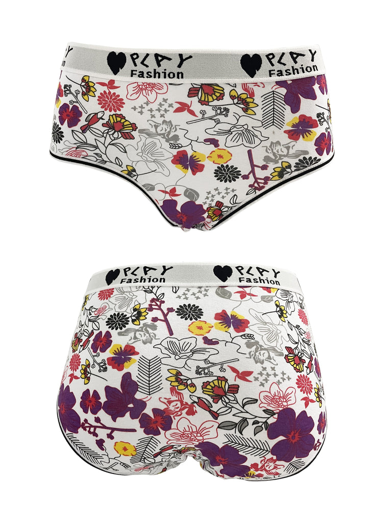 3 Pcs Comfy Floral Print Briefs, Stretchy Cotton Intimates Panties with Letter & Heart Decor, Breathable Women's Lingerie & Underwear