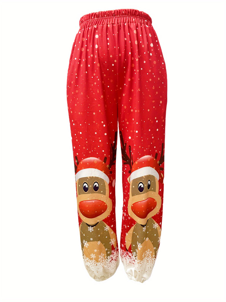 Cozy Christmas Reindeer Print Women's Jogger Pants, Elastic Waist Loose Fit with Pocket, Casual Holiday Wear